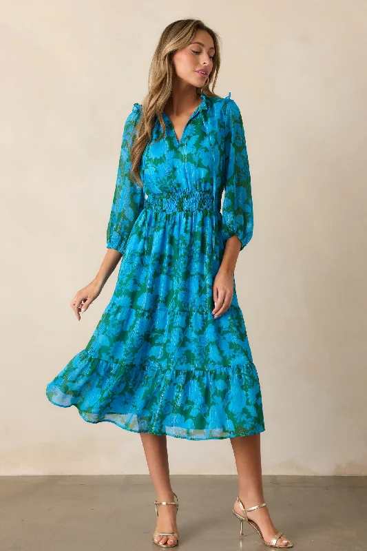 Rising Tides Blue Floral Long Sleeve Midi Dress