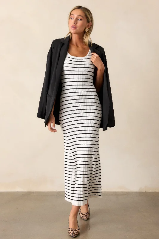 Classic Rhythm White Stripe Ribbed Midi Dress