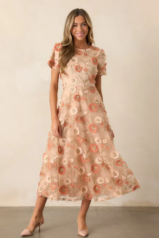 Jumping Ahead Tan Floral Embroidered Midi Dress