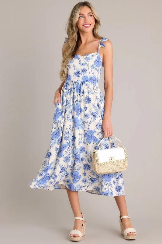 Blossoms Of Belief Ivory & Blue Floral Midi Dress