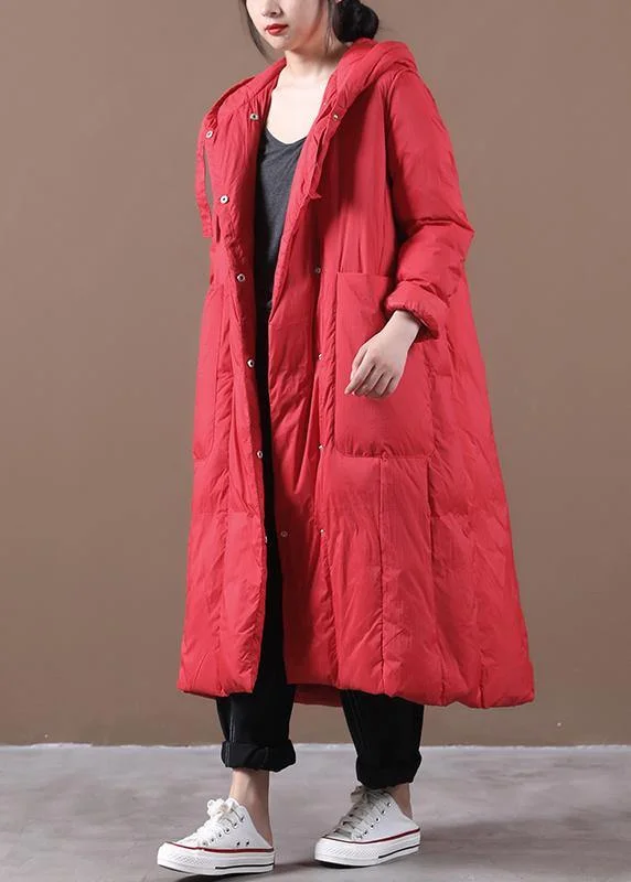 trendy plus size snow jackets winter outwear red hooded Large pockets goose Down coat