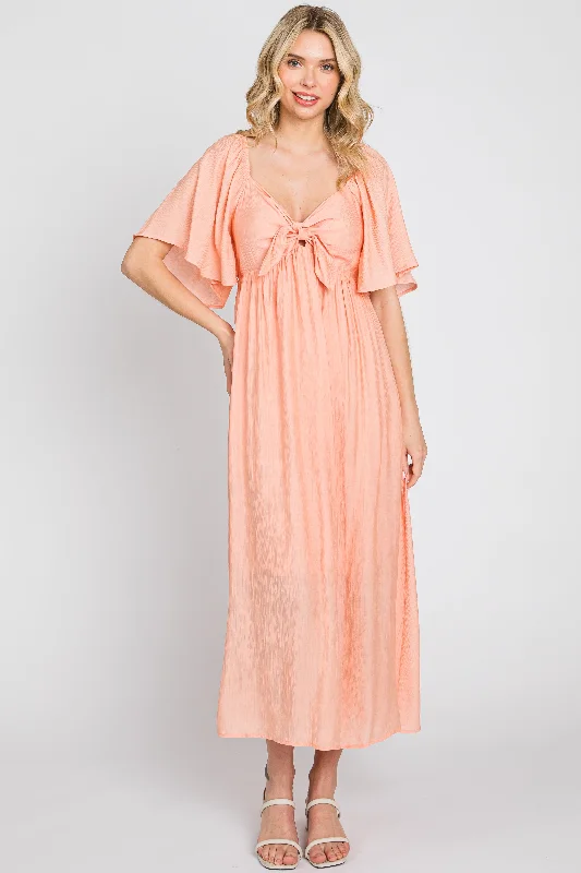 Peach Front Tie Ruffle Sleeve Midi Dress