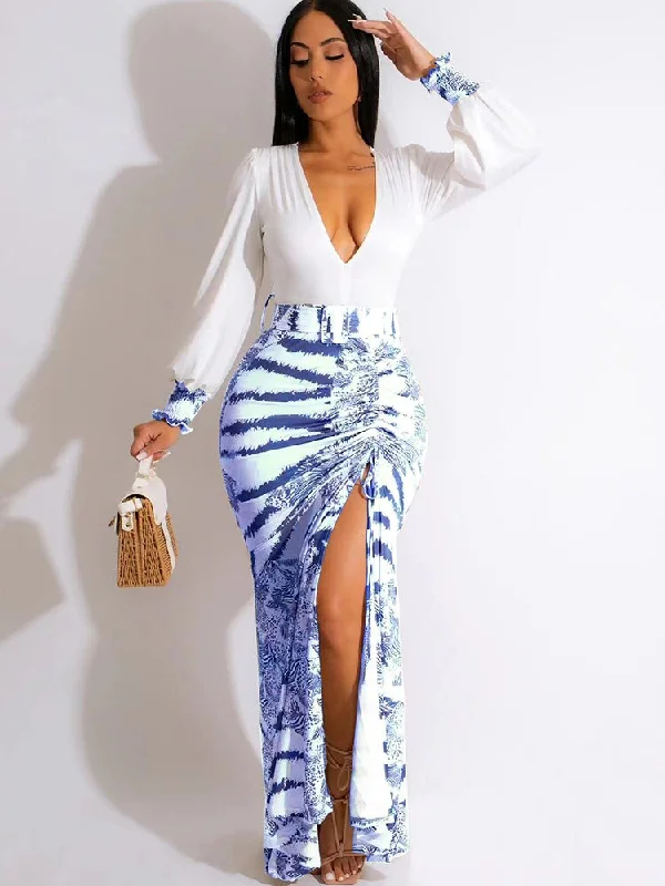 Zebra Deep V Loose Sleeve Maxi Dresses