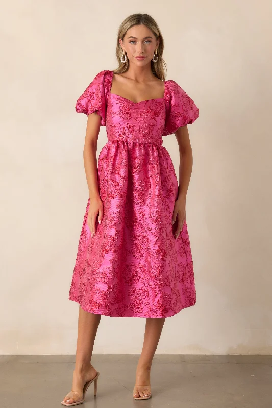 Blooming Hearts Pink Floral Jacquard Midi Dress