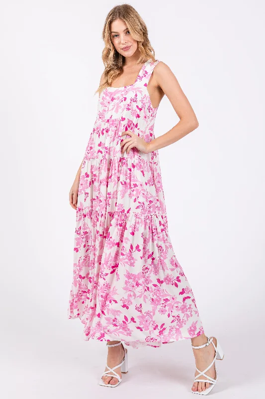 Pink Floral Sleeveless Tiered Maxi Dress