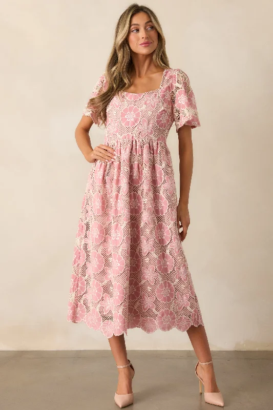 The Sweetest Rose Pink Embroidered Floral Midi Dress