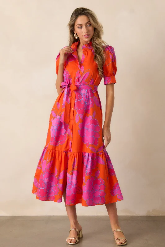 Free To Fly 100% Cotton Orange Floral Button Front Midi Dress