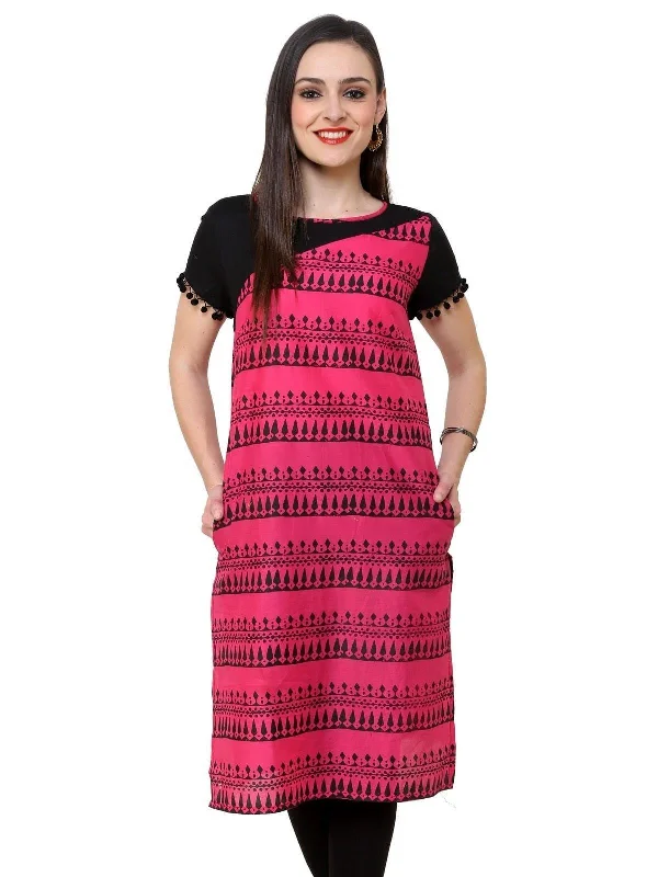 Women's Pink Border Print Lace Kurti - Pannkh