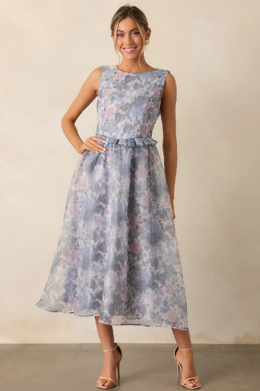 Painted Skies Ash Blue Floral Midi Dress