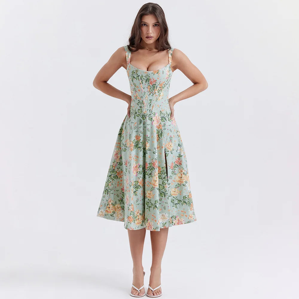 Cottagecore Floral Corset Midi Dress