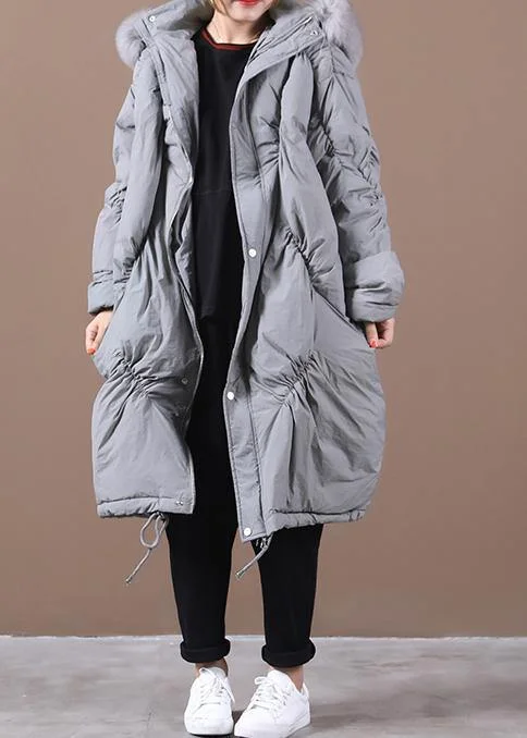 Elegant trendy plus size snow jackets Winter gray hooded Cinched goose Down coat