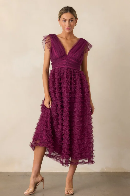 Fearless Hearts Plum Ruffle Midi Dress