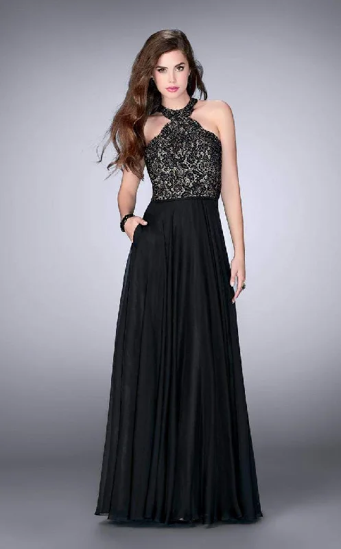 La Femme - Lace Detail Halter Top Chiffon Long Prom Dress 23975SC