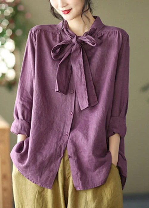 Plus Size Purple Stand Collar Bow Button Linen Shirt Long sleeve