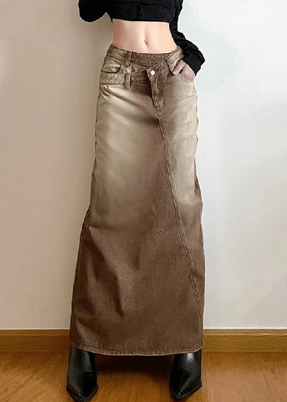 Vintage Light Brown Asymmetrical Side Open Denim Skirt Fall