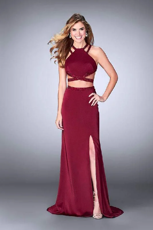 La Femme - Two Piece Beaded Strappy Halter Prom Gown 24420SC