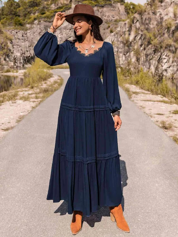 Long Sleeve Lace Trim Maxi Dress