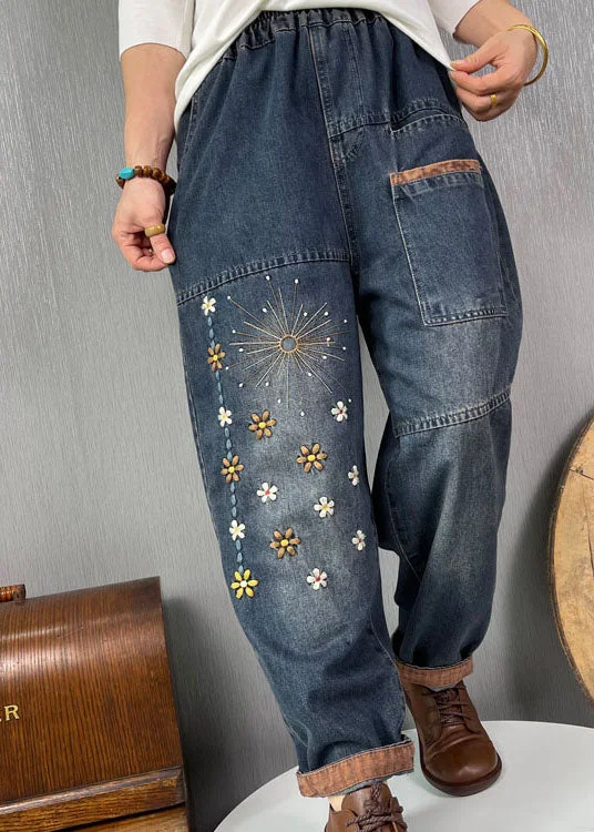 Plus Size Blue Embroideried Pockets denim Pants Spring