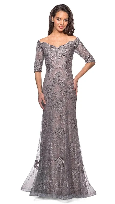 La Femme - 24866SC Elbow Length Sleeve Embroidered Sheer Overlay Evening Gown