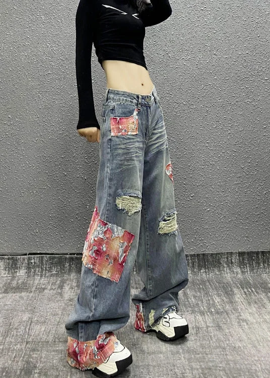 Italian Blue Pockets Patchwork Ripped Denim Wide Leg Pants Fall