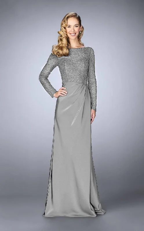 La Femme - Long Sleeve Beaded Bodice Draped Gown 24895SC