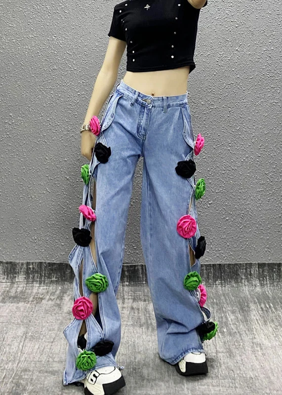 Fashion Blue Hollow Out Floral Patchwork Denim Pants Fall