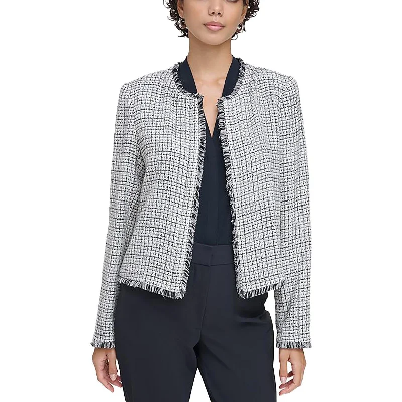 Calvin Klein Womens Tweed Fringe Open-Front Blazer