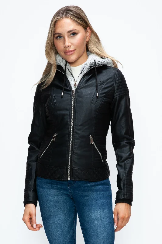 Faux Layered Double-Zipper Jacket with Fuzzy Hood