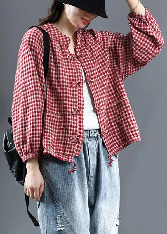 Red Plaid Tie Waist Patchwork Fall Trench Long Sleeve