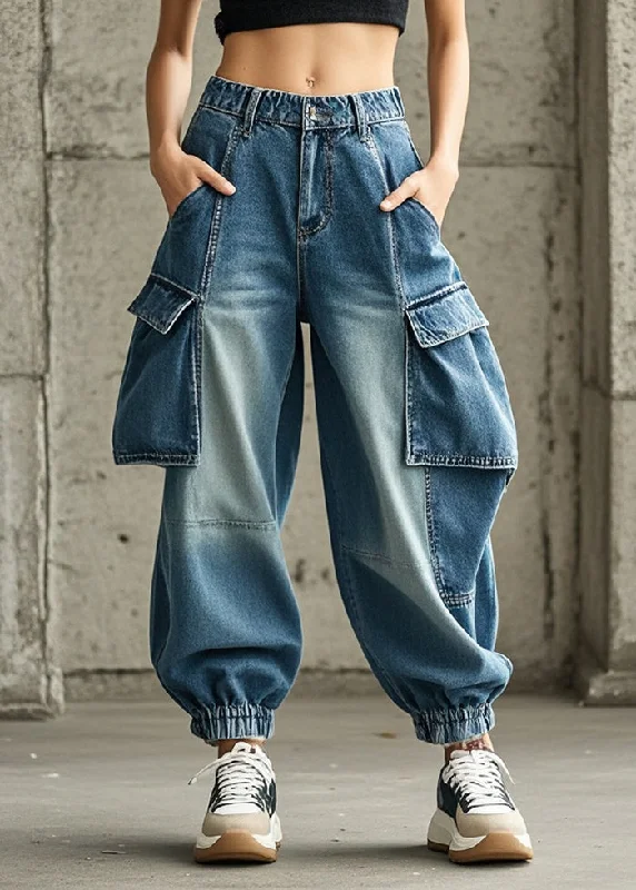 French Blue Oversized Pockets Denim Harem Pants Trousers Fall