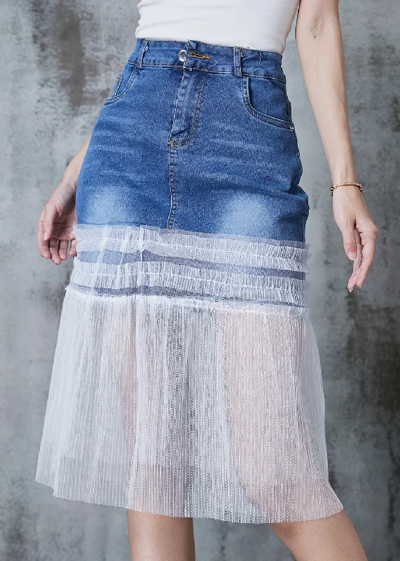 Fashion Denim Blue Ruffled Patchwork Tulle Skirt Summer