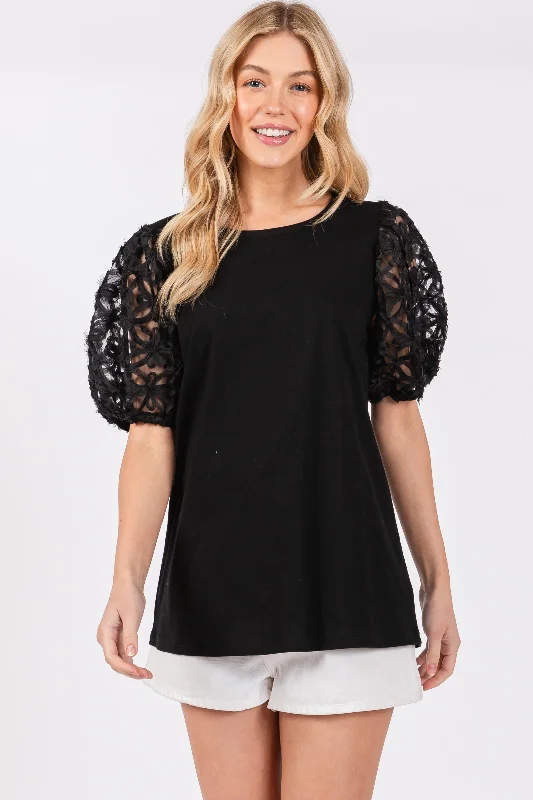 Black Floral Mesh Sleeve Blouse