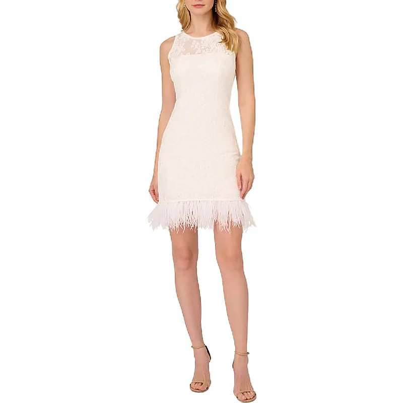 Adrianna Papell Womens Lace Ostrich Feather Mini Dress