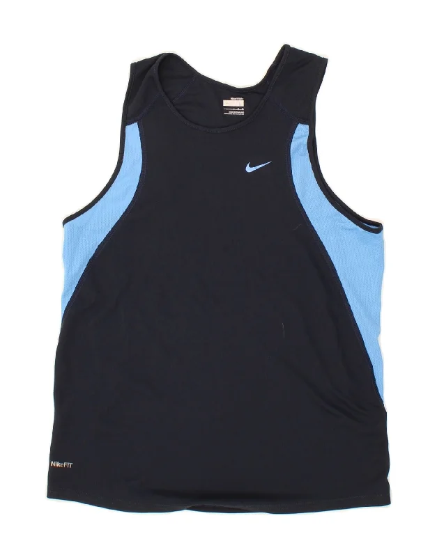 NIKE Womens Vest Top UK 14 Large Navy Blue Colourblock