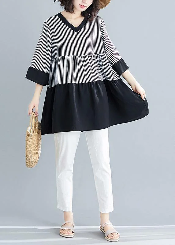 French patchwork flare sleeve chiffon clothes black striped loose Dresses Summer