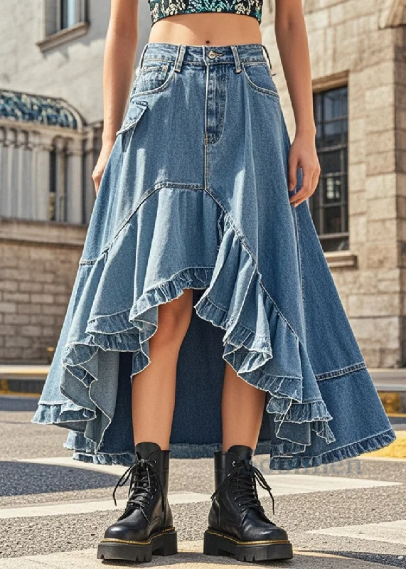 Style Blue Ruffled Exra Large Hem Denim Skirts Spring