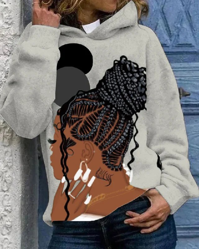 Black Women Braided Gold Earrings Long Sleeves Hoodie