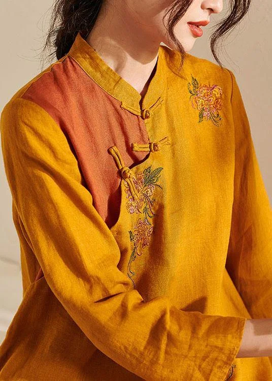 French Yellow Oriental Side Open Summer Linen Top