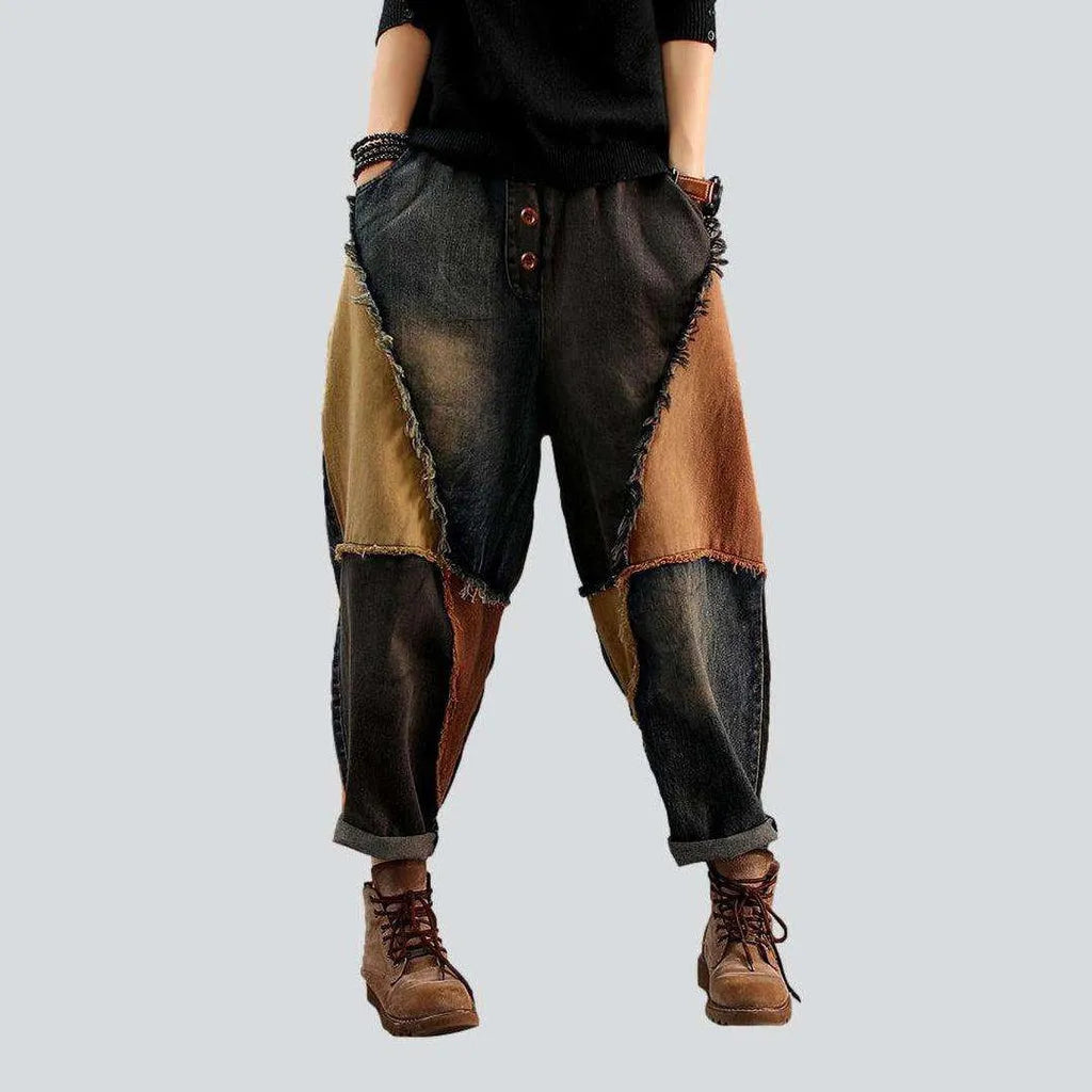 Orange patchwork baggy denim pants