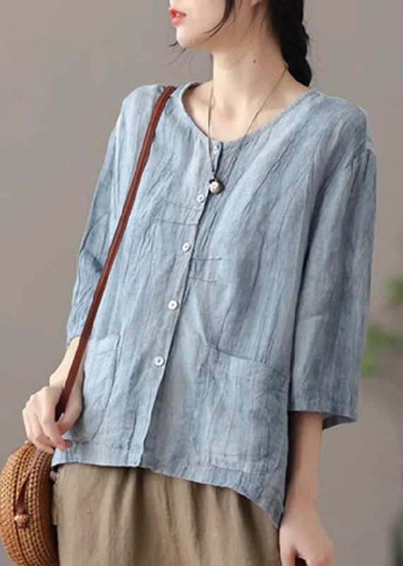 Plus Size Blue O-Neck Button Linen Shirt Top Bracelet Sleeve