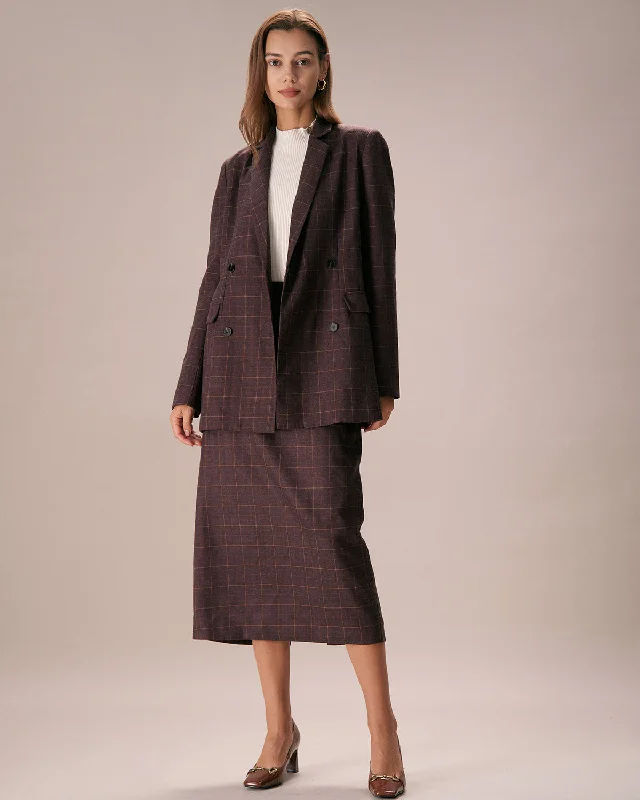 The Coffee Lapel Double Breasted Plaid Blazer