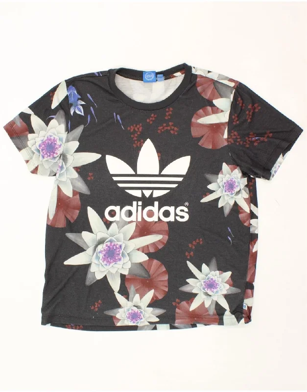 ADIDAS Womens Graphic T-Shirt Top UK 14 Large Grey Floral Polyester