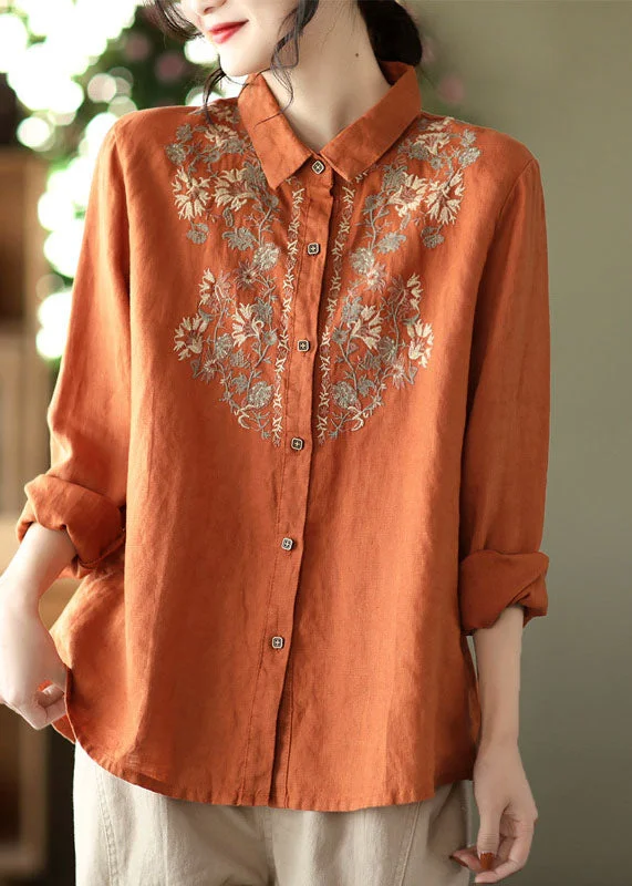 Plus Size Orange button Peter Pan Collar Embroideried Linen Blouses Spring