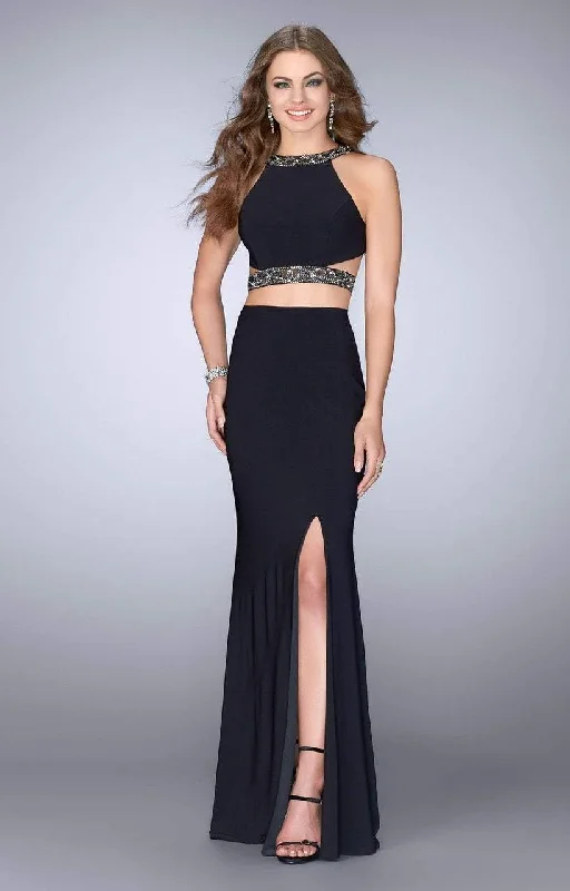 La Femme - Beaded Strappy Two-Piece Jersey High Slit Gown 24414SC