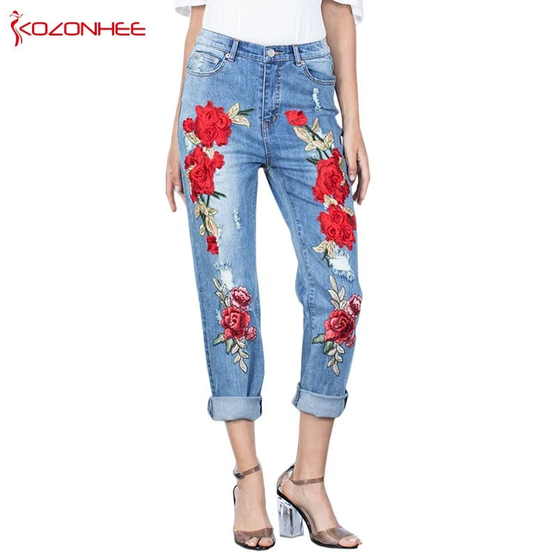 Stretching 3D Torn Jeans With Embroidery Rose Flower Elastic Jeans Women's With  Female Large Size