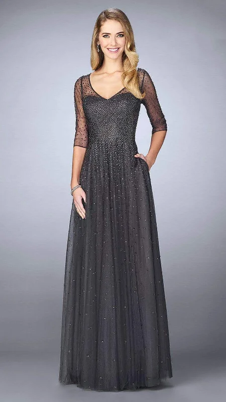 La Femme - 24894SC Sheered Sequined Quarter Length Sleeved Evening Gown