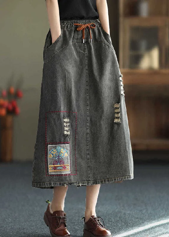 Fashion Black Side Open Embroideried Pockets Cotton Denim Ripped Skirt Summer