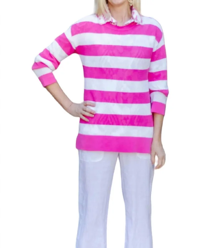 Striped Crew Sweater In Pink