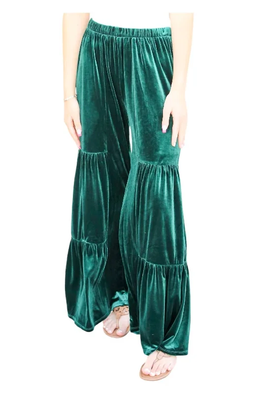 A Regal Ruffle Velvet Pants In Hunter Green