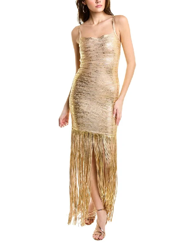 Herve Leger Banded Foil Fringe Gown